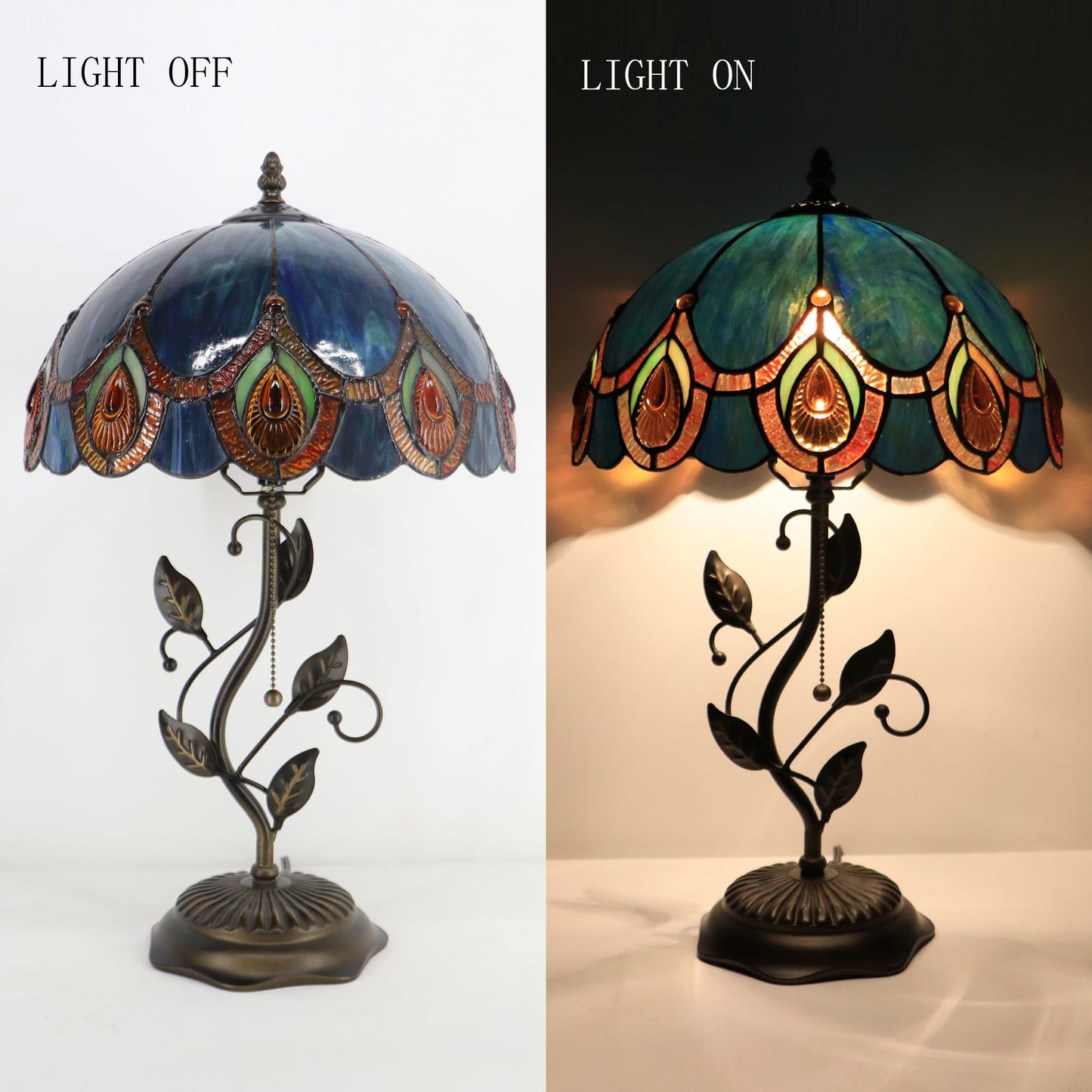 HWDFEI Tiffany Table Lamp, Stained Glass Style Desk Lamp, 12X12X19 Inch,Bedside Reading Light, Metal Leaf Base（Peacock Crystal Style