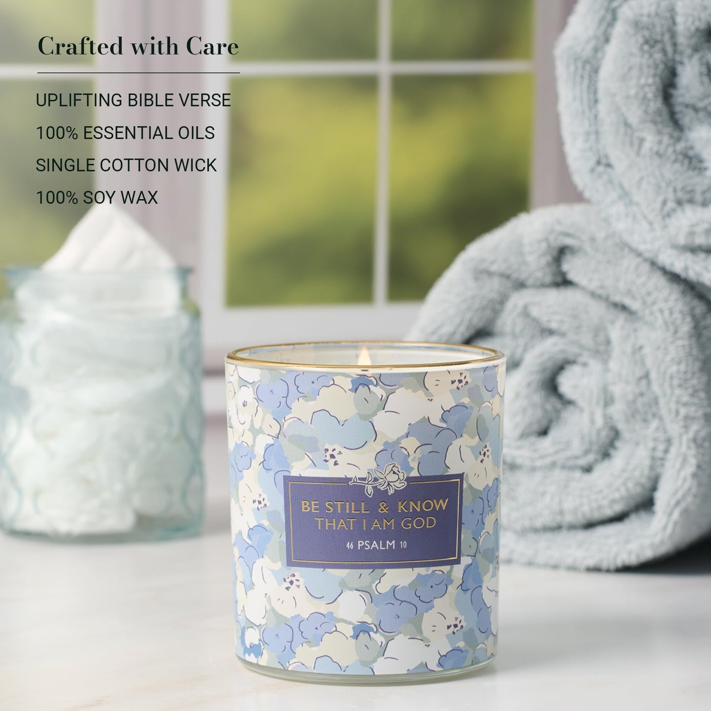 Christian Art Gifts Be Still & Know Bible Scented Candle: Soy Wax, Pure Essential Oils, Seaside Breeze Scent, Bible Verse, Floral Design Glass Jar, Encouragement Gift for Women, 40 Hours Burn Time