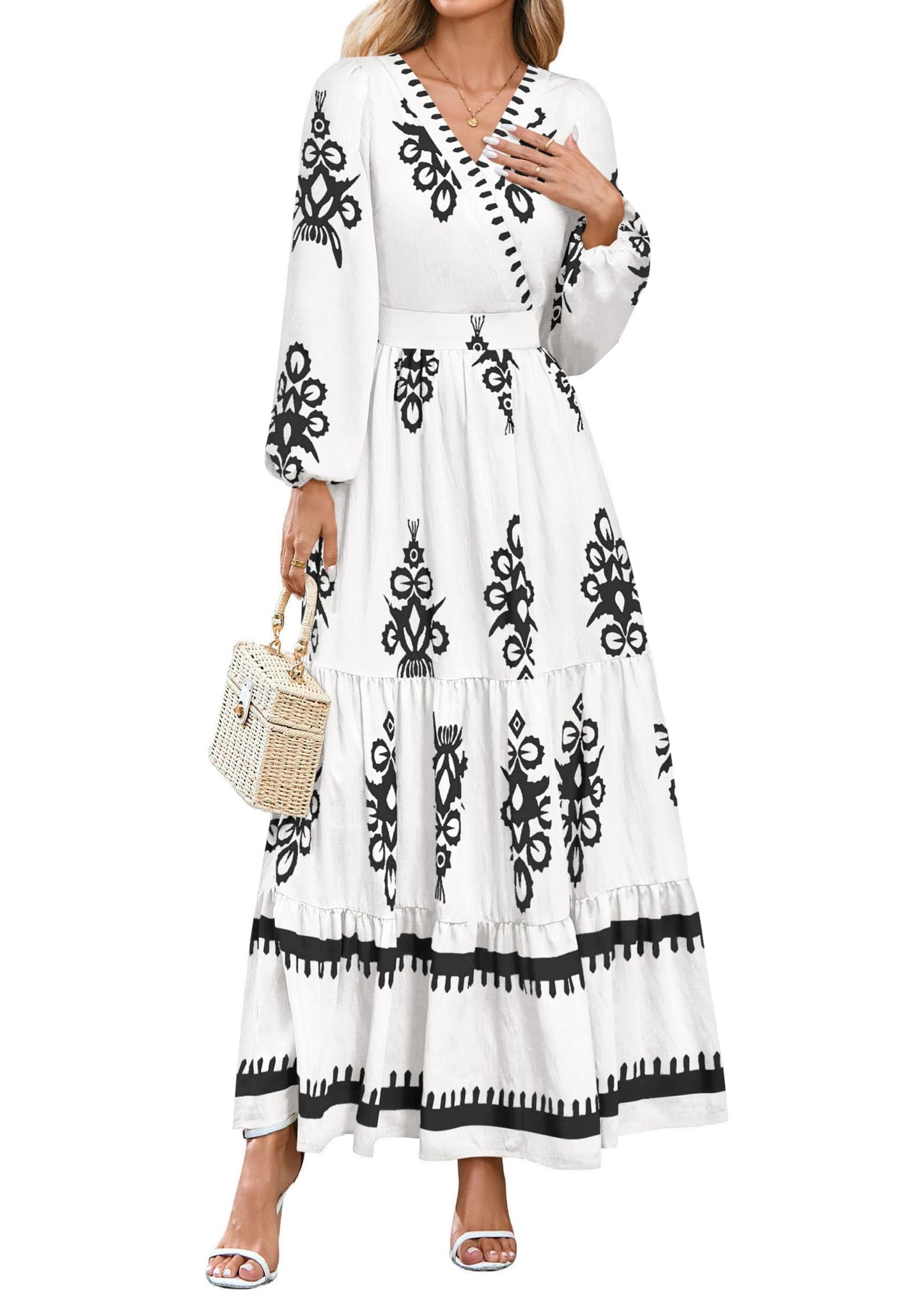 PRETTYGARDEN Women's 2025 Fall Wedding Guest Dresses Boho Floral Long Sleeve V Neck Flowy Elegant Maxi Dress Beach Clothes