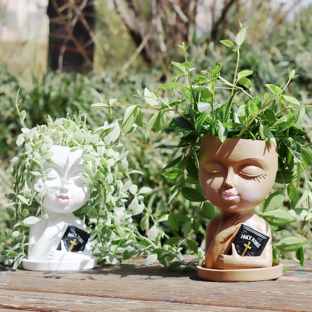Meltset M Face Planters Pots Head for Indoor Outdoor Plant Unique Head Planter Holding Book Confessional Girl Face Flower Pot with Drainage for Succulent Cactus String Of Pearls Plant Gift Idea(White)