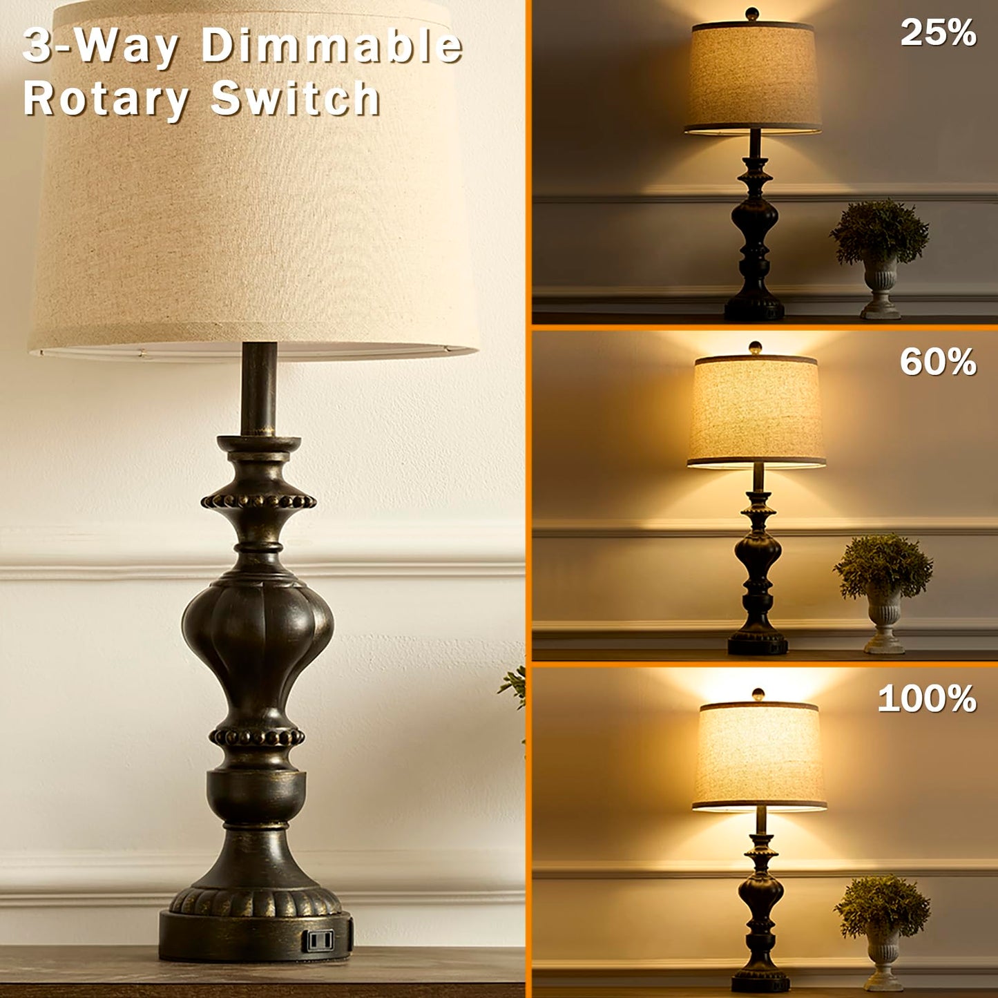 SAIWEYA 27.5" Farmhouse Table Lamps Set of 2 Bedside Nightstand Lamp with USB C+A Ports & AC Outlet, 3 Way Dimmable Touch Lamps for Bedroom Living Room Office Rustic Lamp