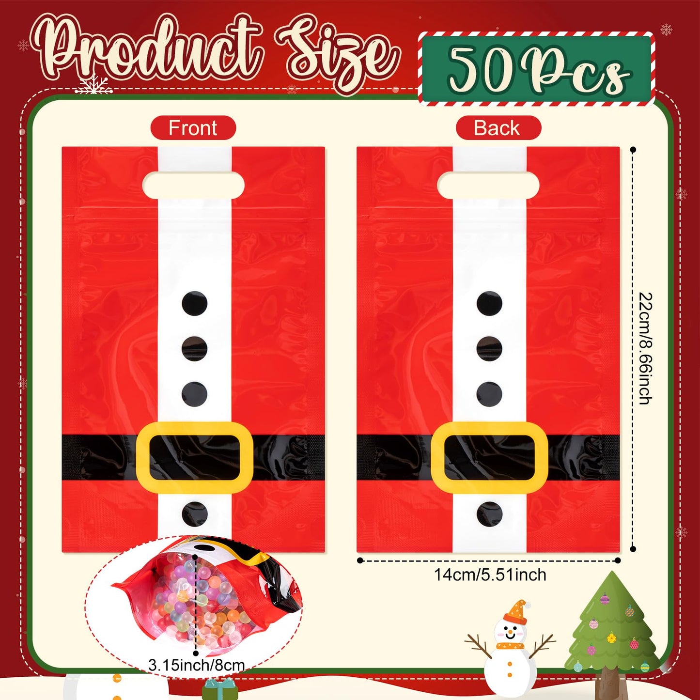 Gersoniel 50 Pcs Christmas Treat Gift Bags Resealable Santa Plastic Sealer Bags with Handles for Xmas Holiday Party Favor Candy Small Gift Wrapping Supplies Decoration