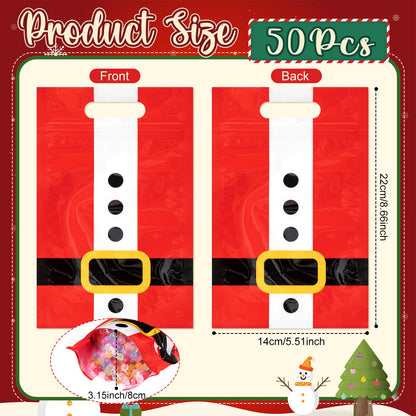 Gersoniel 50 Pcs Christmas Treat Gift Bags Resealable Santa Plastic Sealer Bags with Handles for Xmas Holiday Party Favor Candy Small Gift Wrapping Supplies Decoration