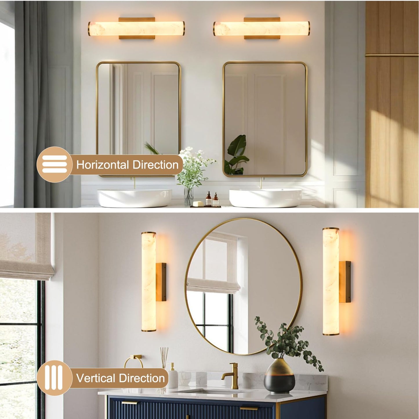 Alabaster Wall Sconces, 20" Brass Wall Sconce, Cylinder Natural Marble Sconces Wall Lighting, Modern Stepless Dimmable Sconces Lighting for Bathroom Living Room Bedroom Stairs Hallway