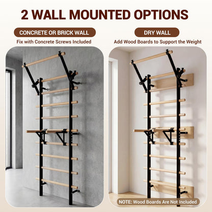 GMWD Swedish Ladder, Wood Stall Bar, Suspension Trainer with Pull-Up Bar and Dip Bar Attachments, Wooden Stall Bar with 9 Strategic Rods for Core Strengthening and Stretching Balanced
