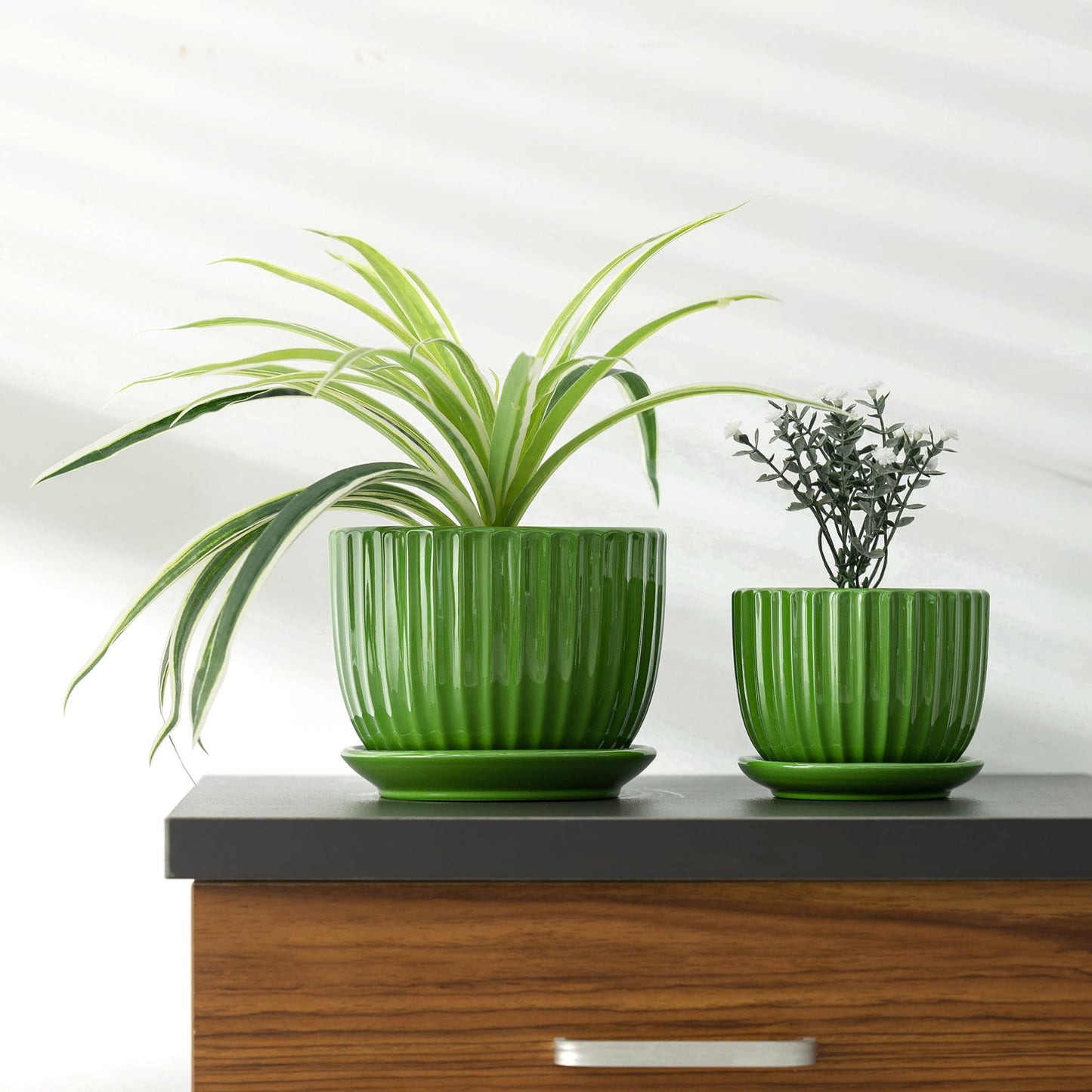 Ton Sin Ceramic Plant Pots,4"+5"+6" Inch,Green Flower Pots with Drainage Holes and Tray,Indoor Planters for Plants Pots,Home Office Decoration GIF for Plants,Succulent Pot Set of 3