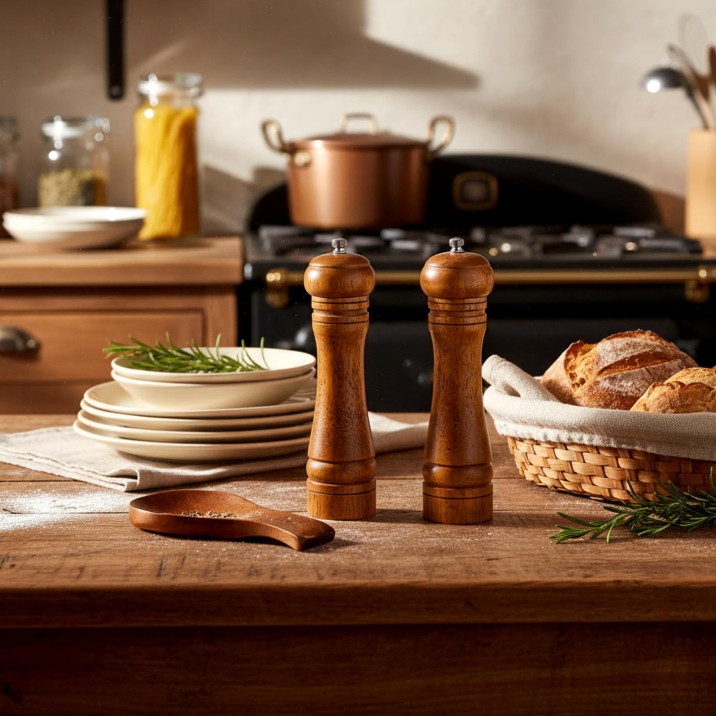 Patelai 3 Pcs Kitchen Counter Set Oak Wood Salt Pepper Grinder with Bamboo Spoon Rest Holder Modern Farmhouse Rustic Accessories for Kitchen Cooking Serving Dining BBQ Table Countertop Decoration