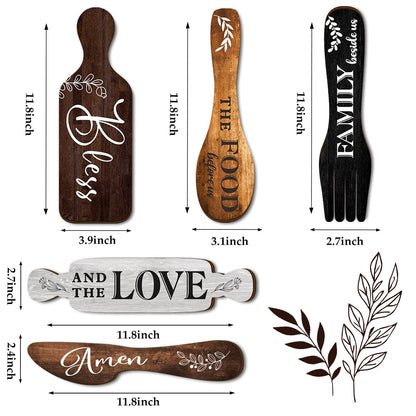 Dazzlewall 5Pcs Kitchen Wall Decor, Bless the Food Cookware Shaped Hanging Signs for Farmhouse Kitchen Rustic Wooden Plaques for Country Dinning Room