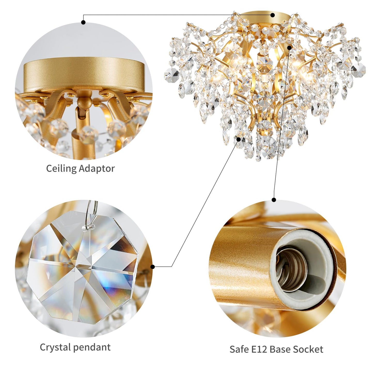 WUZUPS 5-Light Crystal Chandelier Flushmount Ceiling Light Modern Lighting Fixture for Bedroom Hallway Bar Kitchen Bathroom, H 12" W 15.4", E12 Base, Gold