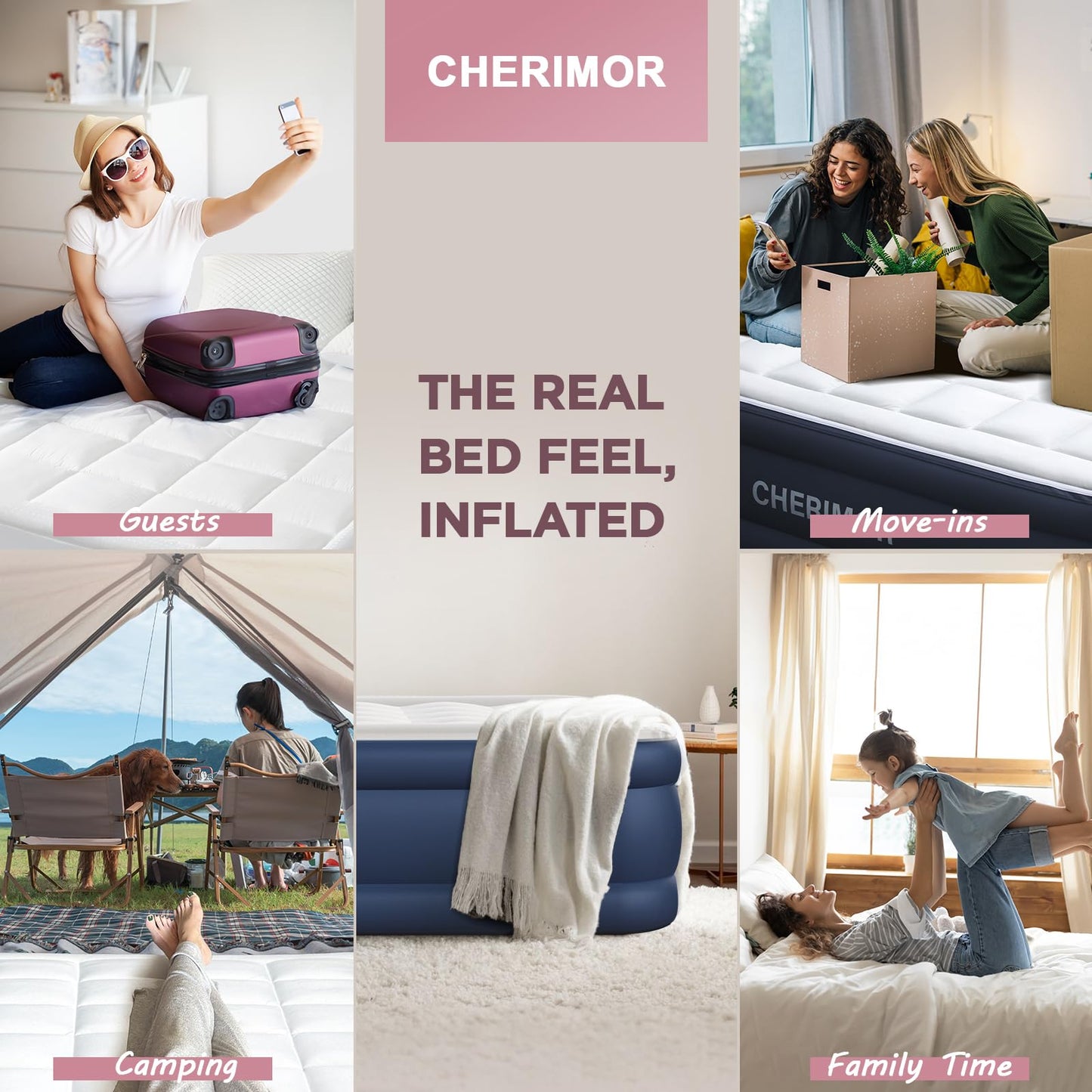 CHERIMOR Queen Air Mattress with Built-in Pump & Luxury Quilted Topper (Washable&Detachable), 20" Raised Comfort, 800lb Support, 4.5 Min Fast Inflate, Blow up Mattress for Guest Camping & Home