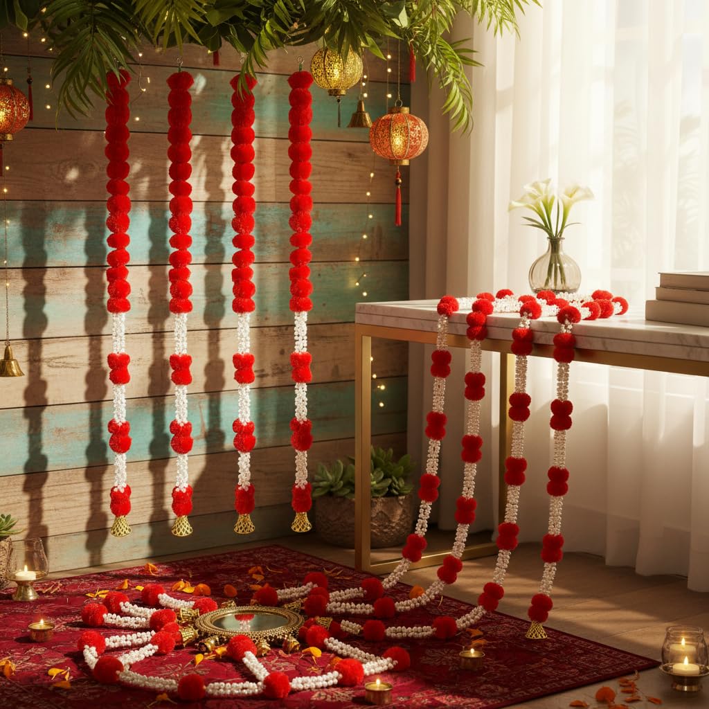 Rajasthan Kraft Pack of 5, Artificial Red Marigold Garland with Jasmine & Bell, 55 Inch Decorative Flower Strings for Home, Diwali, Pooja, Housewarming, Festival & Christmas Decor