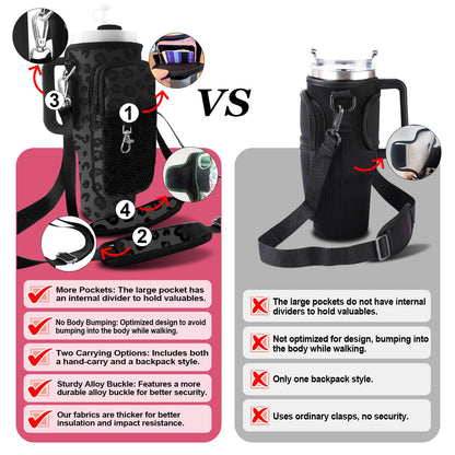 LAOTANGJIA Leopard Print Black Stanley Water Bottle Carrier Bag 40oz/30oz Tumbler with Phone with 2 Adjustable Strap 3 Pockets Bottle Stanley Cup Carrier Bag & Case Accessories for Hiking Travelling