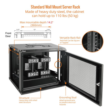 Tecmojo 9U Wall Mount Rack Network Cabinet for 19" IT Equipment,with Lockable Mesh Door and Side Panels,Cooling Fan,17.7inch Depth,Black