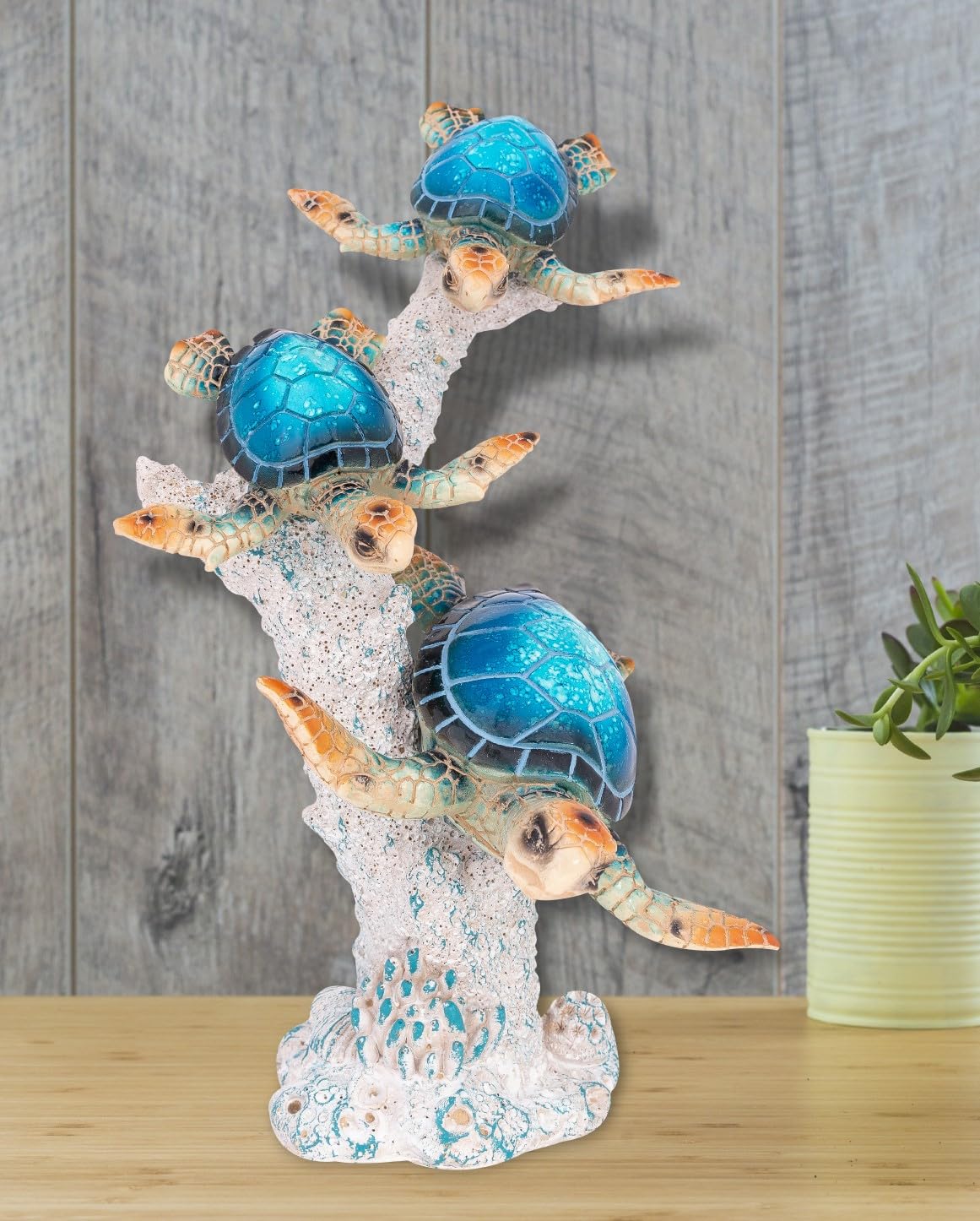 Corner Merchant Sea Turtle Statue Triple Turtles Swimming on Coral Reef Base – Ocean-Inspired Polystone Figurine for Coastal, Beach & Nautical Home Decor – Tabletop Accent Sculpture (Blue, 9.5”)