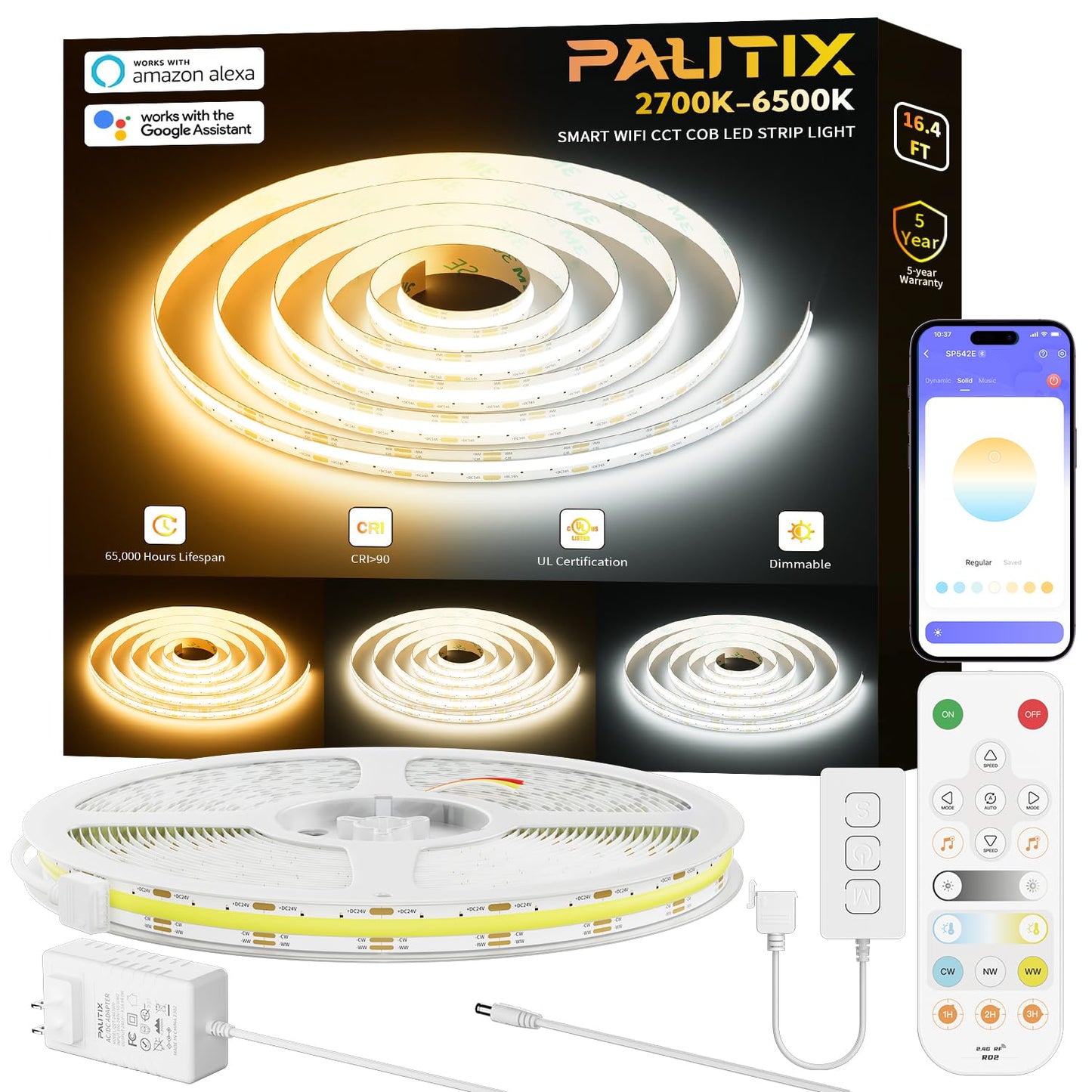 PAUTIX CCT COB LED Strip Light White Tunable 3200LEDs,CRI90+ 16.4ft/5m Dimmable 2700K-6500K 24V LED Tape Lights Kit,Work with Alexa/Google Assistant,for Under Cabinet Bedroom Kitchen DIY Lighting