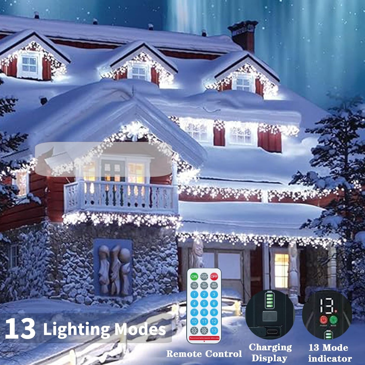 Aolupal Upgraded 640LED Solar Christmas Icicle Lights Outdoor Waterproof,60+16FT 13 Modes & USB Rechargeable Solar Powered Icicle Light for Roof House Yard Christmas Outdoor Decoration (Cool White)