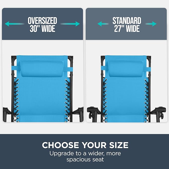 Best Choice Products 30” Wide Folding Zero Gravity Outdoor Recliner Patio Lounge Chair w/Adjustable Canopy Shade, Headrest, Side Accessory Tray - Light Blue