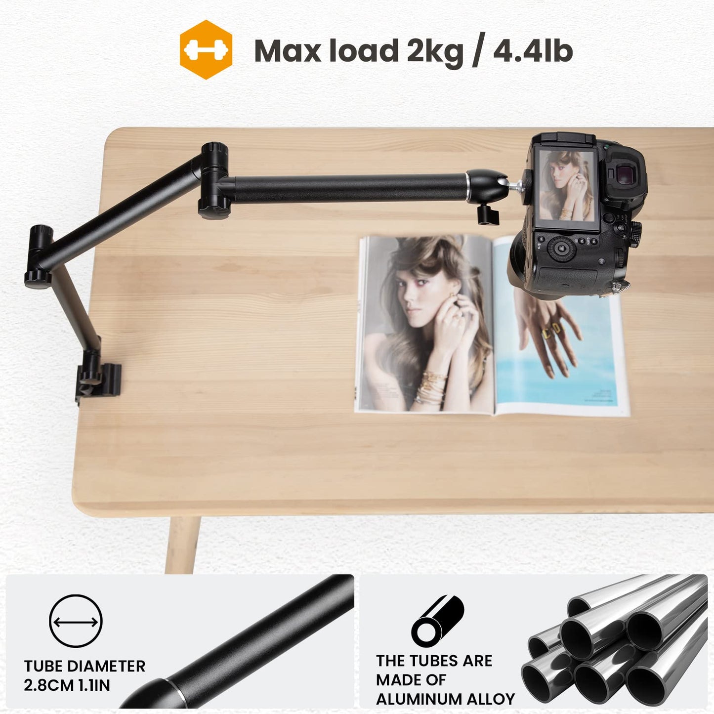 TARION Desk Camera Mount Stand Heavy Duty Articulated Camera Arm Articulating Table Mount Camera Stand Adjustable Flexible Gear Joints TKA01-L