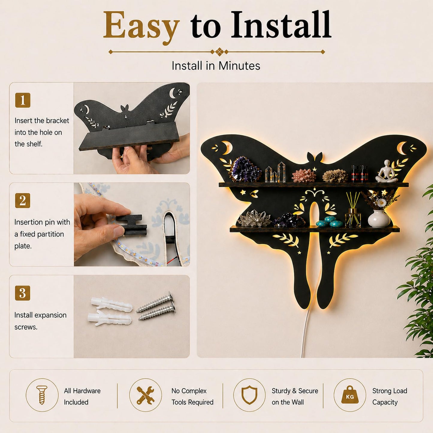 HBSGS Crystal Display Shelf Wall Gothic Shelves with LED Light, Luna Moth Theme, for Trinket, Crystal Rock, Gem, Healing Stone, Essential Oil (Moth-15.7 * 11.8inch/40 * 27.5cm)