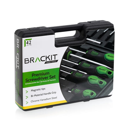 Brackit 42 Pieces Premium Screwdriver Set with Magnetic Tips and Rubber Handles, Including Phillips and Flat Heads in Durable Storage Case