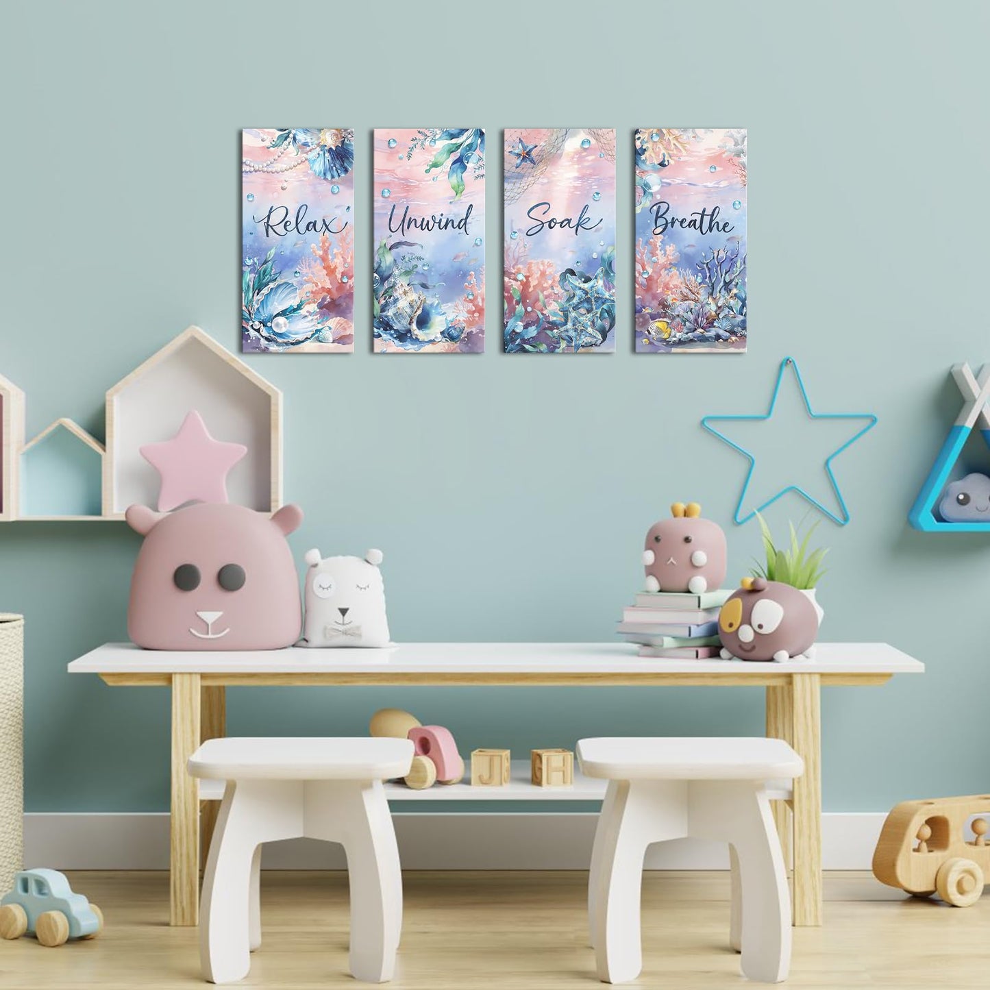 Nachic Wall Relax Unwind Soak Breathe Wall Art, Coastal Nautical Bathroom Canvas Decor, Ocean Seashell Prints for Spa Bedroom 8x12 Inchx4
