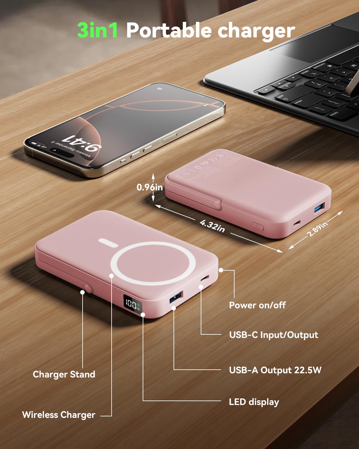 for Magsafe Battery Pack 10000mAh Power Bank with Foldable Stand Portable Charger,PD 22.5W Fast Charge,Travel Essential Wireless Charger for iPhone 17/16/15/14/13/12 Series–Black