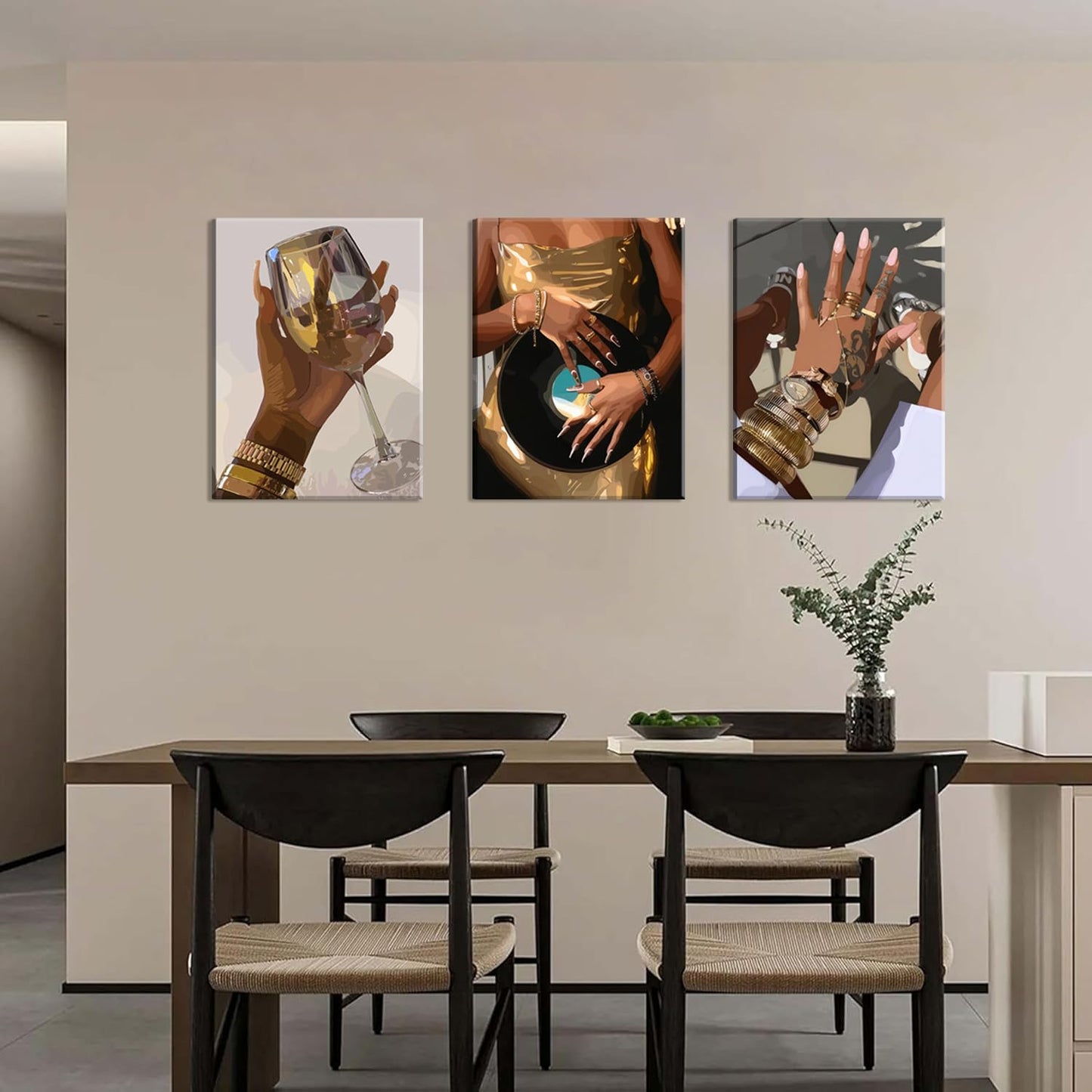 Black Girl wall Art Set of 3, African American Woman Wall Decor Fashion Gold People Music Poster Canvas Prints Paintings Pictures for Bedroom Living Room Decoration 12x16 inch Framed
