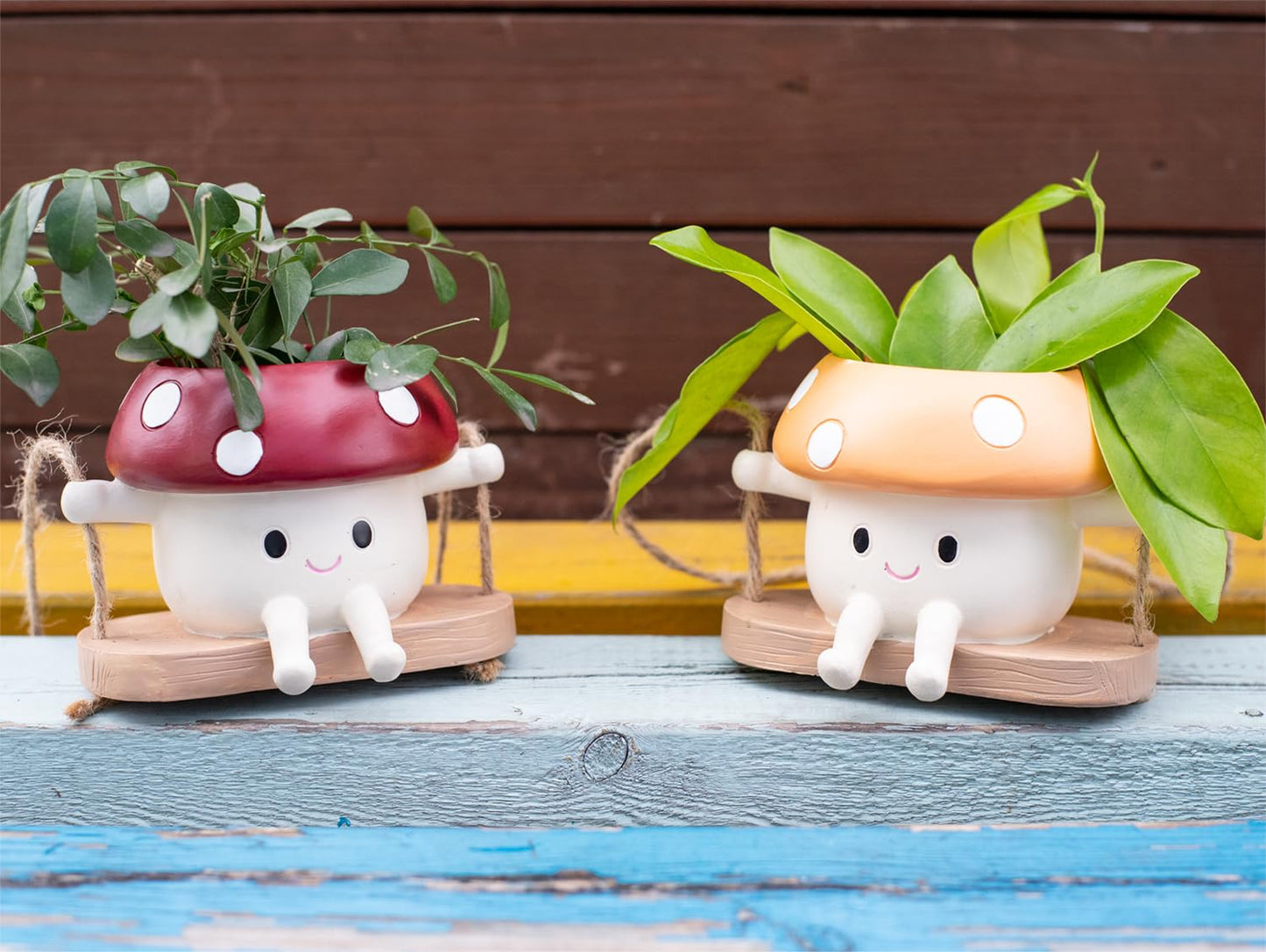 2pcs Mushroom Smily Swing Face Planter Pot, Cute Hanging Resin Flower Head Planter for Indoor Outdoor Plants,Gift IdeaI for Mother,Father and Appreciation Christmas with Drainage Hole (Red&Yellow)