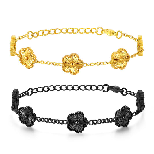 VNOX 2 PCS Floral Bracelets for Men Women -Womens Mens Stainless Steel Gold Cuban Chain Link Bracelet Lucky Charm Four Clover Flower Bracelets Trendy Jewelry Gifts，9
