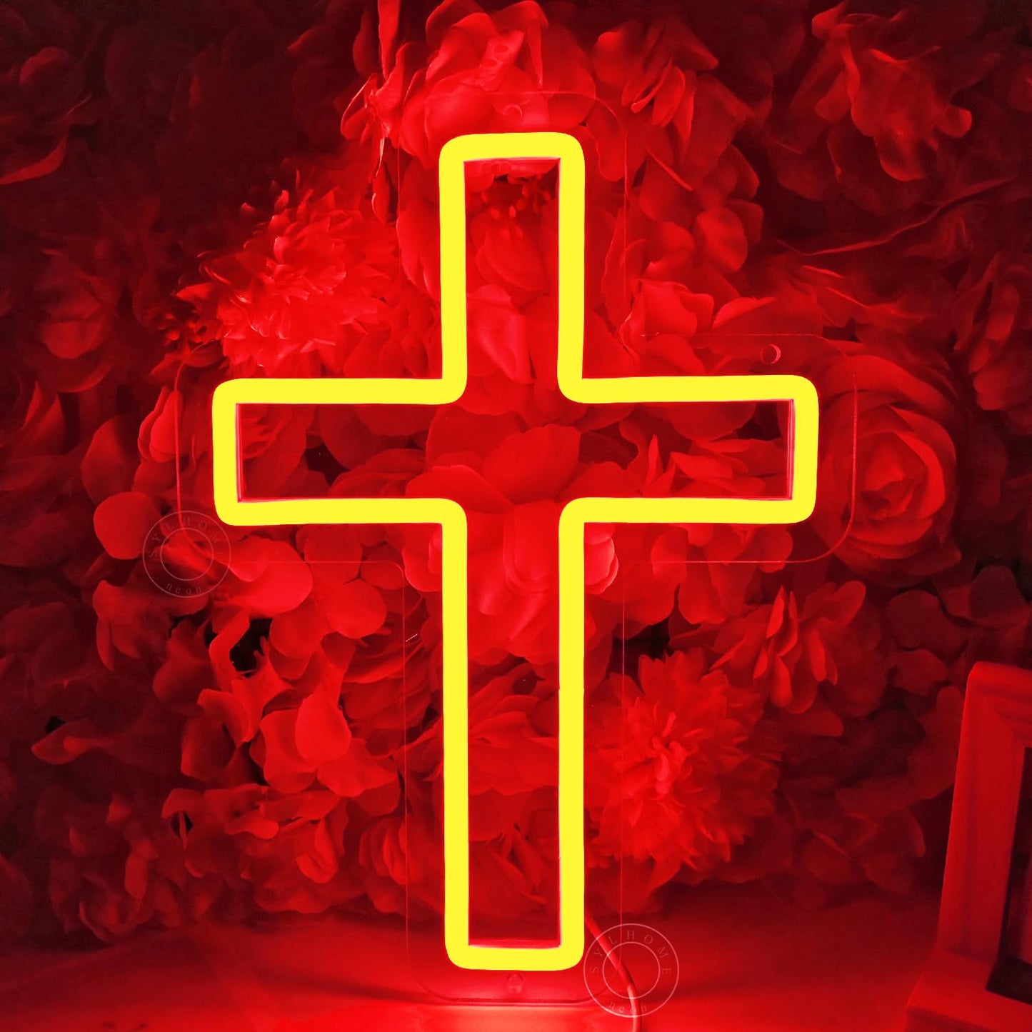 SYLHOME Cross Led Neon Light Sign Kids Bedroom Nursery Wall Sign Decor Christening Baby Shower Wedding Birthday Christmas Party Backdrop 11.8" X 8.66" USB Red