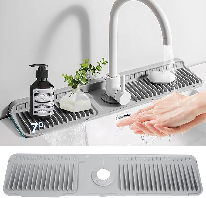 24"Longer Silicone Faucet Mat For Kitchen Sink Splash Guard -7° Slope Snap
