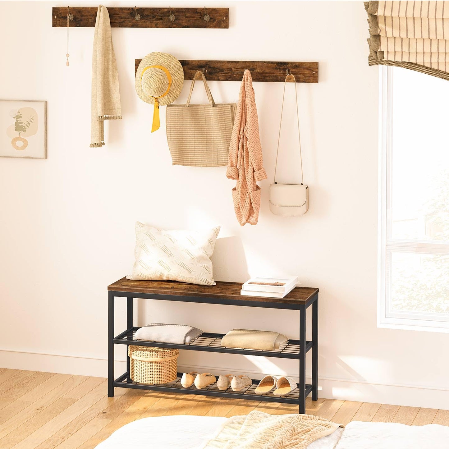 HOOBRO Hall Tree with Bench, Coat Rack Shoe Bench Set, Entryway Shoe Rack with Coat Hooks, Hall Tree Coat Rack, Mud Room, Industrial, for Foyer, Front Door, Rustic Brown BF07MT01