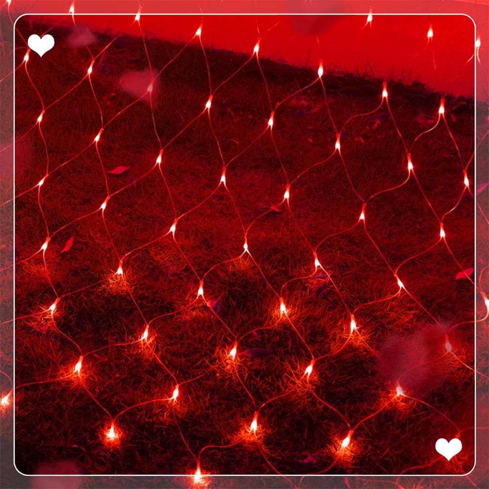 WATERGLIDE Outdoor Valentines Net Lights, 12FT x 5FT 360 LED Mesh String Light with 8 Lighting Mode, Connectable Waterproof Lights for Garden Tree Bushes, Christmas Wedding Party Decorations, Red