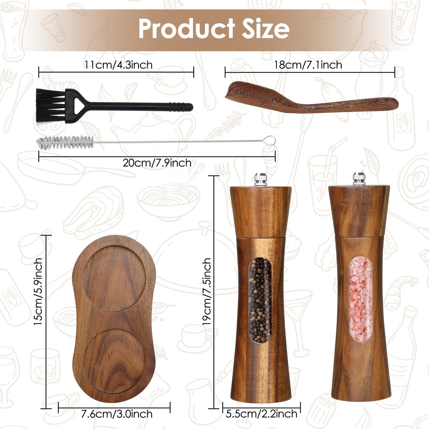 Foyucool 2 Pack Wooden Salt and Pepper Grinder Set, 8 inch Manual Salt and Pepper Mill with Brush and Spoon, Adjustable Coarseness, Refillable Pepper Grinder for Kitchen, Transparent