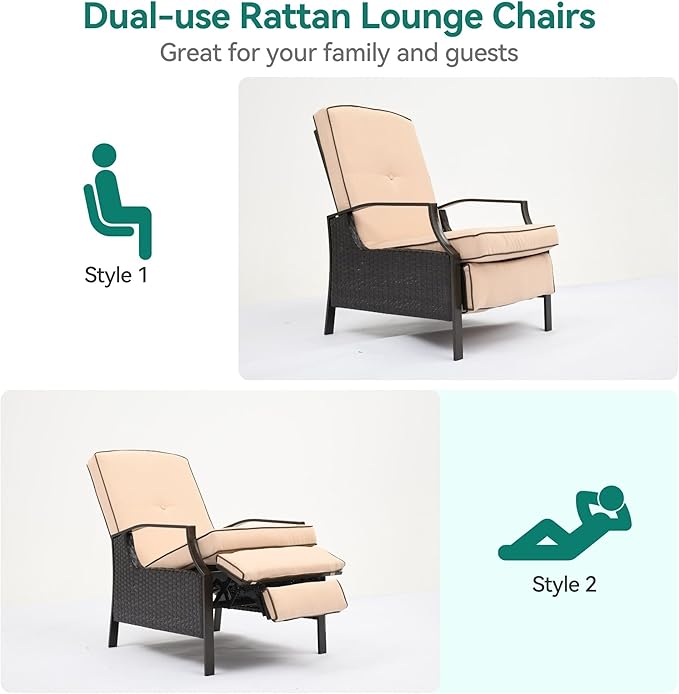 YITAHOME Outdoor Recliner Chair, 2-Piece Patio Adjustable Wicker Reclining Lounge Chairs, Dual-use Rattan Furniture Set with Soft Thick Cushions, Extended Footrest, Flip Back, Brown & Beige