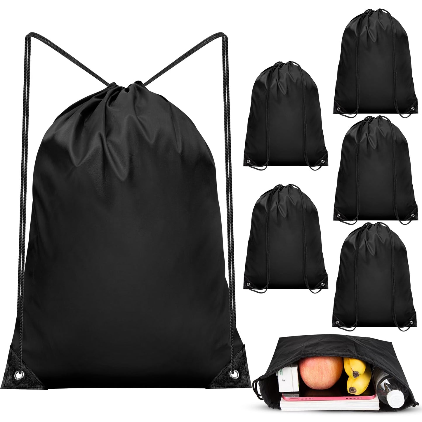 IKAYAS 6Pcs Drawstring Bags Bulk Black Drawstring Backpack, String Backpack Cinch Sack Sport Gym Backpack Bags for Yoga Traviling Outdoor Sports