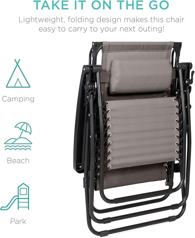 Best Choice Products Folding Zero Gravity Outdoor Recliner Patio Lounge Chair w/Adjustable Canopy Shade, Headrest, Side Accessory Tray, Textilene Mesh - Ice Gray