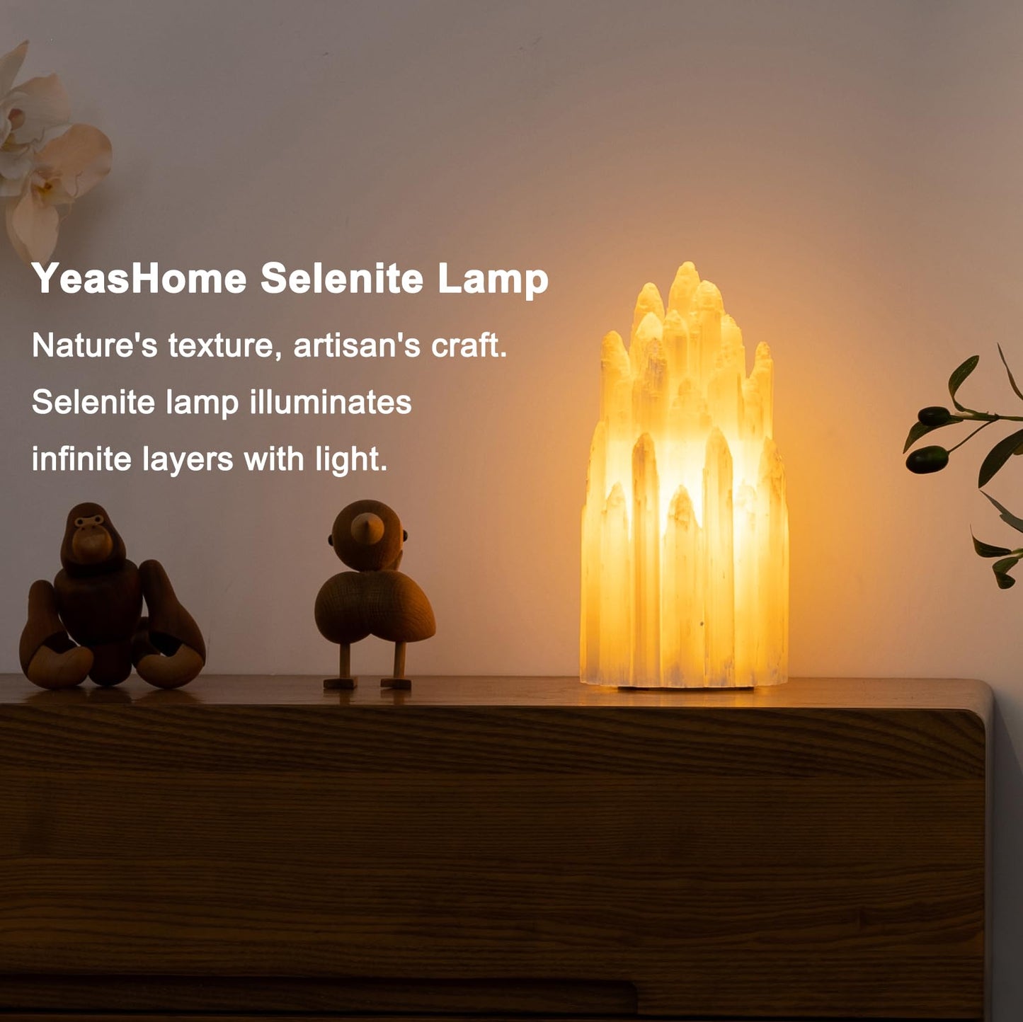 YeasHome Handcrafted Selenite Lamp Salt Lamp Natural Crystal Light for Relaxation Table Lamp Salt Rock Night Light with Dimmer Switch for Bedroom, Yoga Room, Healing Meditation Decor White