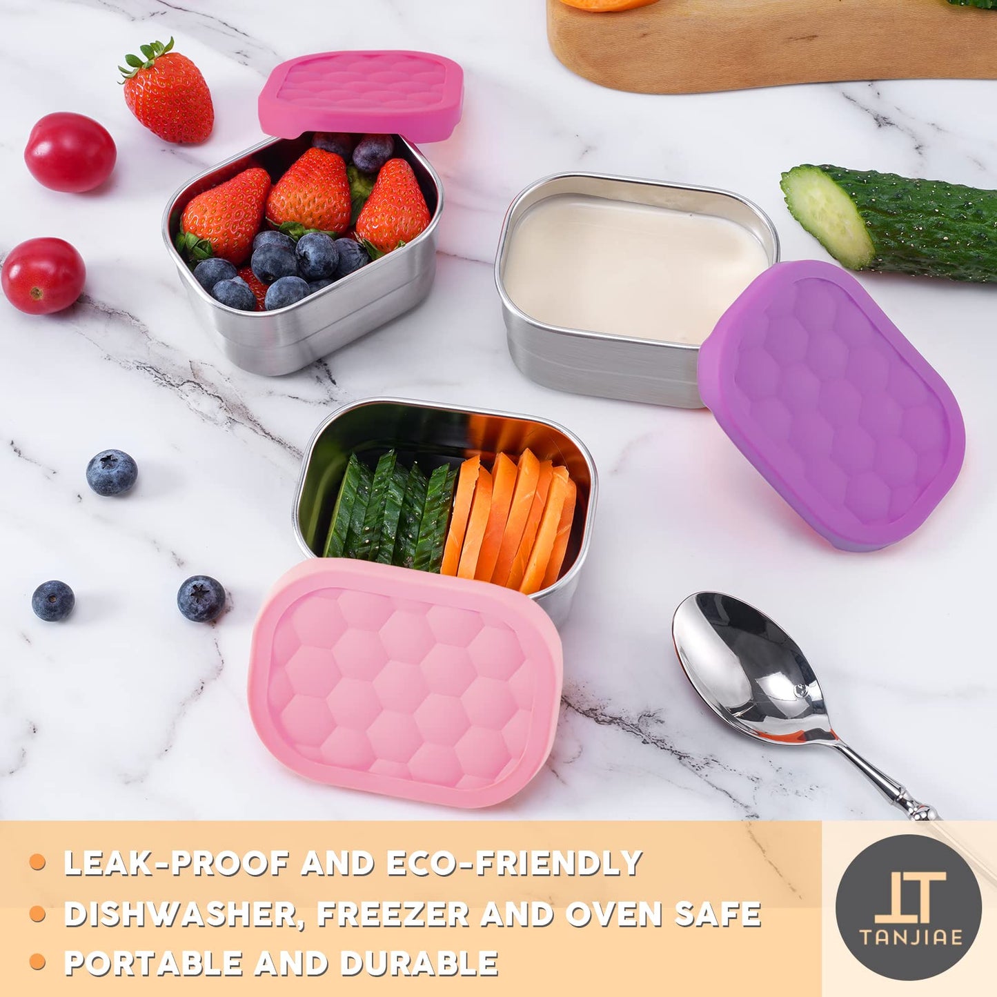 Tanjiae Small (1 CUP) Stainless Steel Snack Containers for Kids | Easy Open Leak Proof Food Containers with Silicone Lids - Perfect Metal Toddler Lunch Box for Daycare and School (8oz)