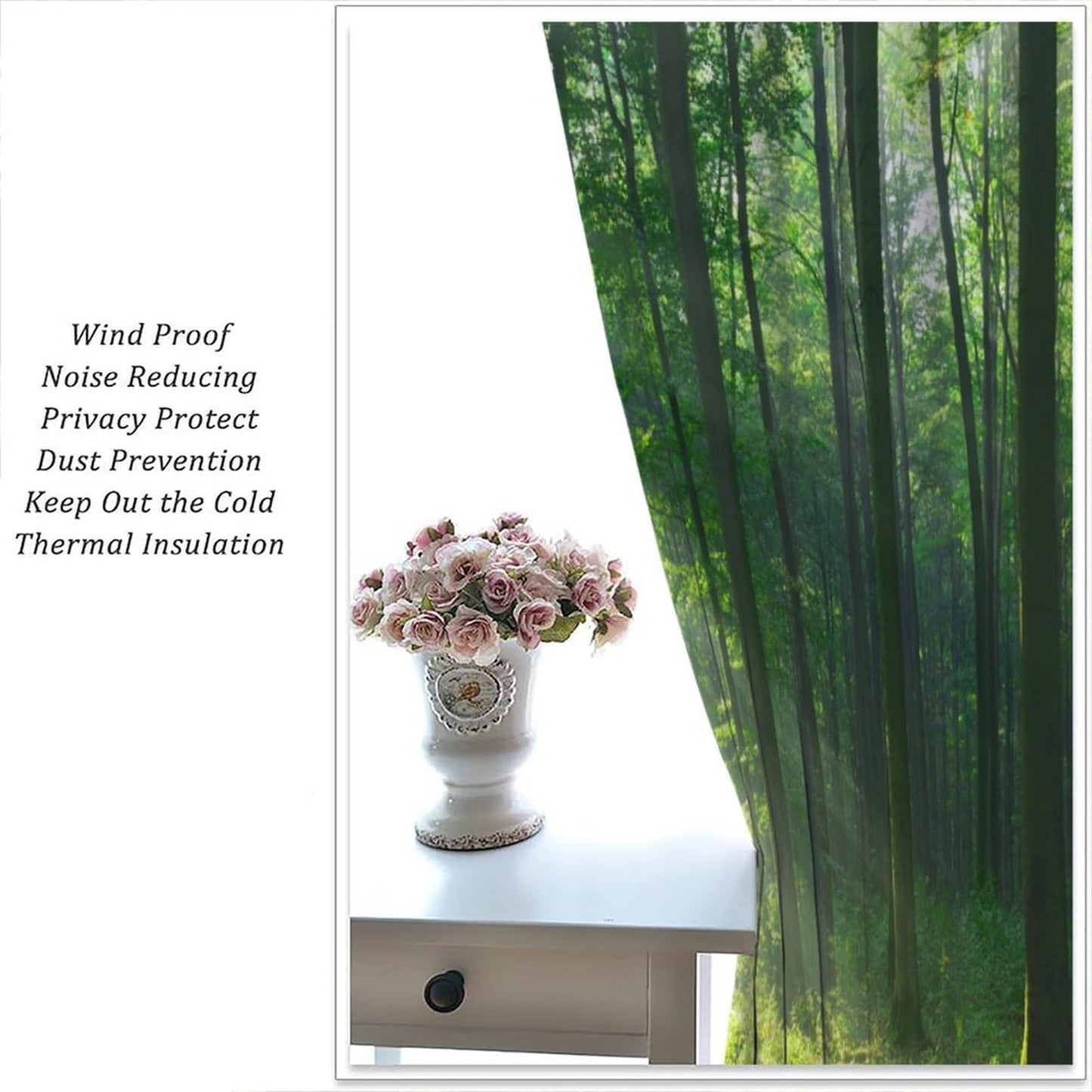 Green Misty Forest Curtains Nature Sunshine Sunlight Through Trees Leaves Natural Forest Woodland Landscape for Bedroom Living Room Rod Pocket Decoration Window Drapes 2 Panels W21xL63i W21xL45in
