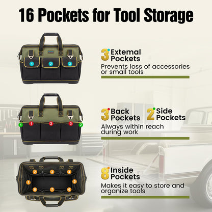 Tool Bag, Ounic 18 Inch Large Tool Tote Bag Heavy Duty With Waterproof Molded Base, Wide Mouth Tool Box Organizer with Adjustable Shoulder Strap for Electrician Mechanic Craftsman Plumbers(Green)