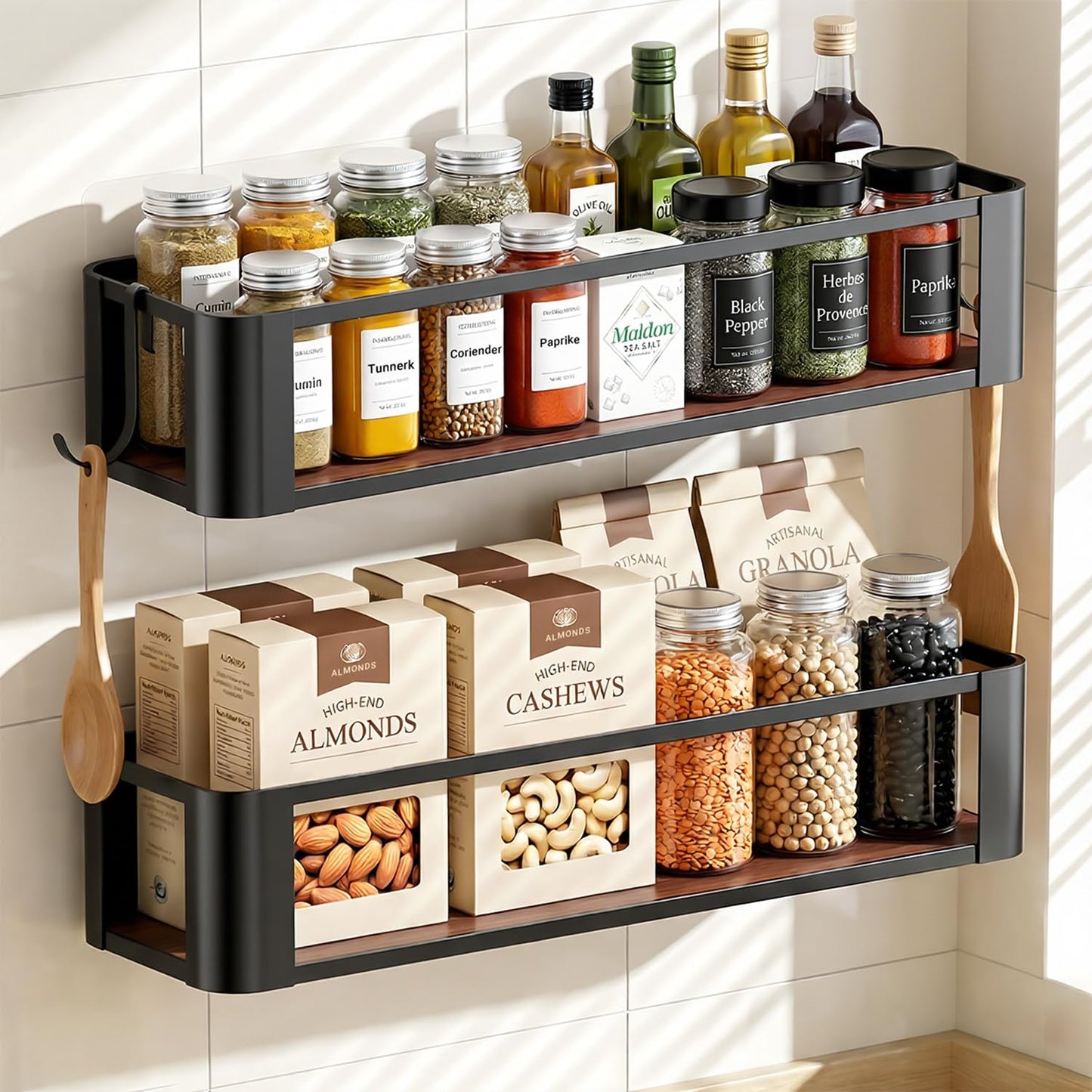 Yvrlo Wall Mounted Spice Rack, Black, 2 Pack