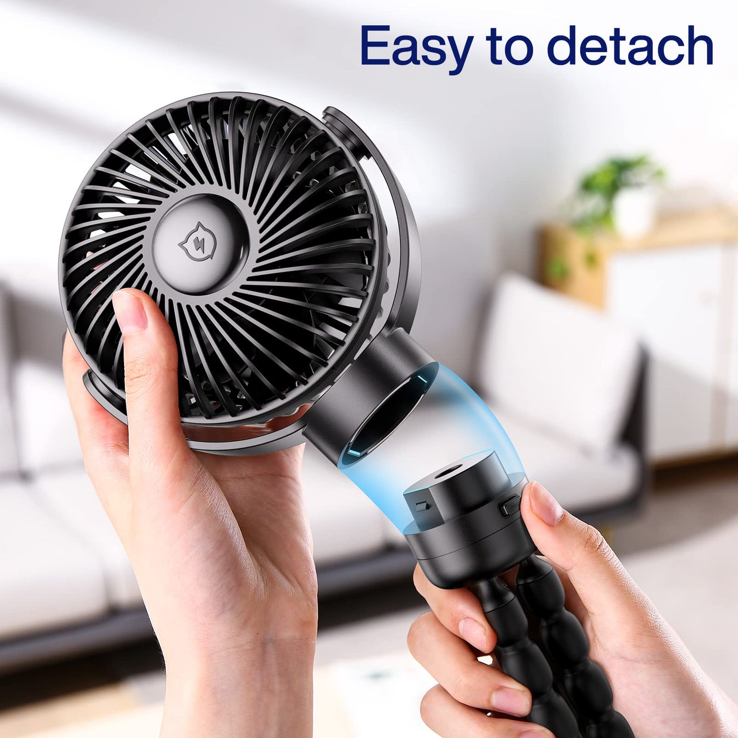 SMARTDEVIL Portable Stroller Fan, 4000mAh Small Battery Operated Baby Fan with Buckle, 4 Speeds Car Seat with Flexible Tripod, Dual 360° Rotatable, for Crib, Peloton Bike, Travel