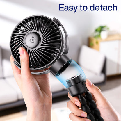 SMARTDEVIL Portable Stroller Fan, 4000mAh Small Battery Operated Baby Fan with Buckle, 4 Speeds Car Seat with Flexible Tripod, Dual 360° Rotatable, for Crib, Peloton Bike, Travel