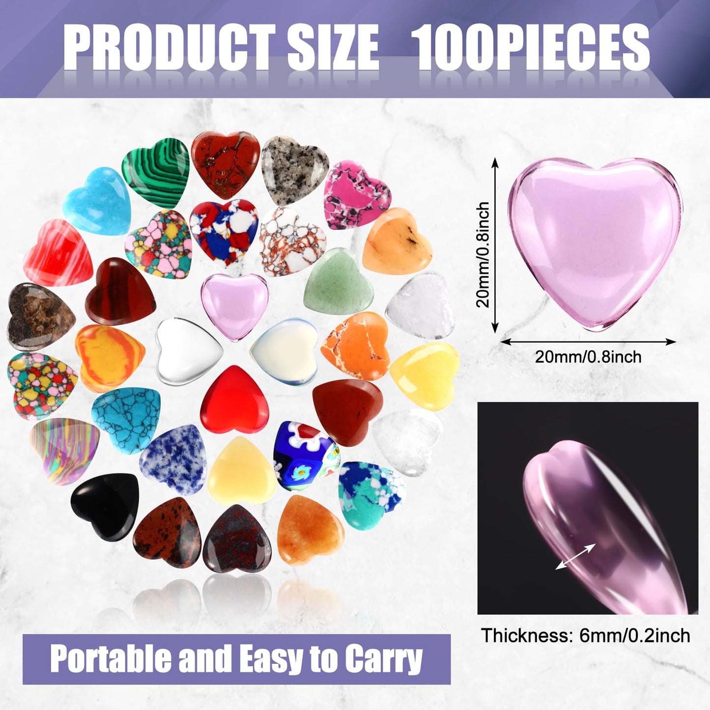 100PCS Worry Stones Heart Shape Healing Crystals, Anxiety Crystal Bulk 0.8 Inch Gem Stones Rocks Crystals Natural Cute Pocket Meditation Heart Beads Wholesale Set Gifts