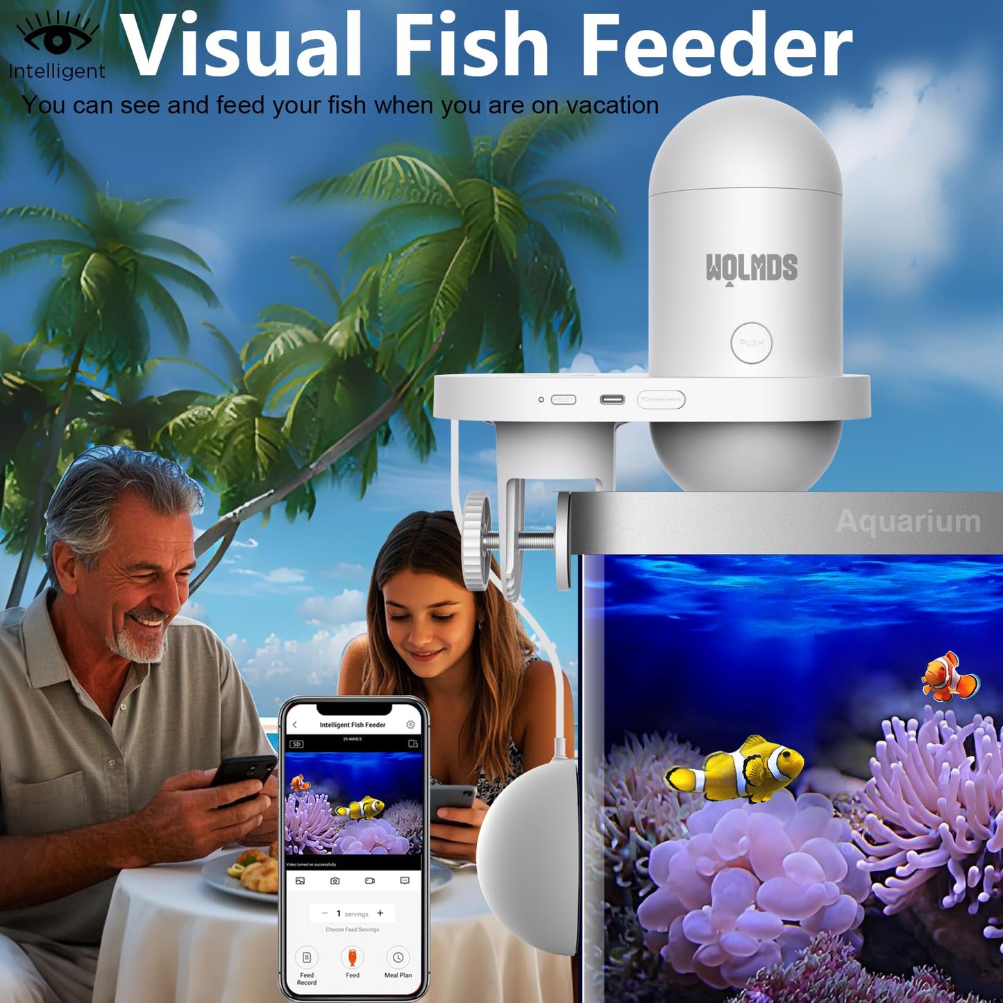 Wolmds WiFi Automatic Fish Feeder with 2.5K Camera, 2.4/5G Smart App Remote Contro & Vacation Feeding Timer, Precision Aquatic Pet Feeder, 230ML Moisture-Proof Fish Food Dispenser for 10+ Gallon Tank
