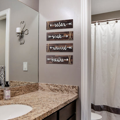 Jetec 4-Piece Farmhouse Rustic Bathroom Wall Art: Soak, Relax, Unwind, Breathe - Brown Wooden Signs with Arrows - Bathroom Decor