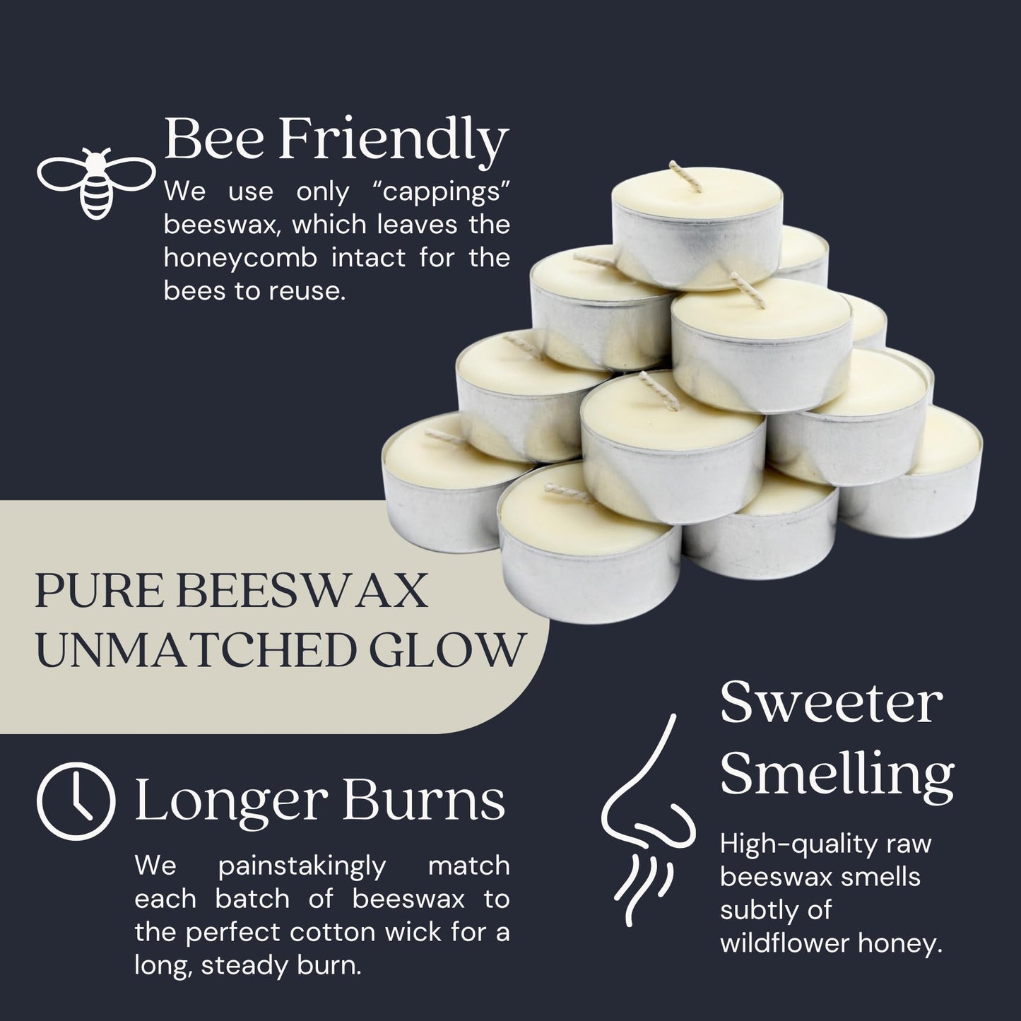 Bluecorn Beeswax Tea Light Candles, 100% Pure Natural Bees Wax, White Tea Lights in Metal Cups, Fragrance Free, Paraffin & Soy Free Candle Wax, Clean Burning, Long Lasting, American Made, 48 Pack