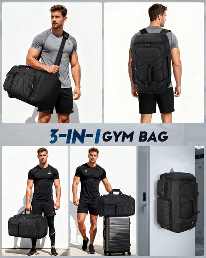 SDYSM Gym Bag for Men 45L Sports Duffel Bags 3-in-1 Travel Duffel Bag with Shoe Compartment, Gym Workout Backpack Carry On Weekender Bag Overnight Bag for Travel, Black