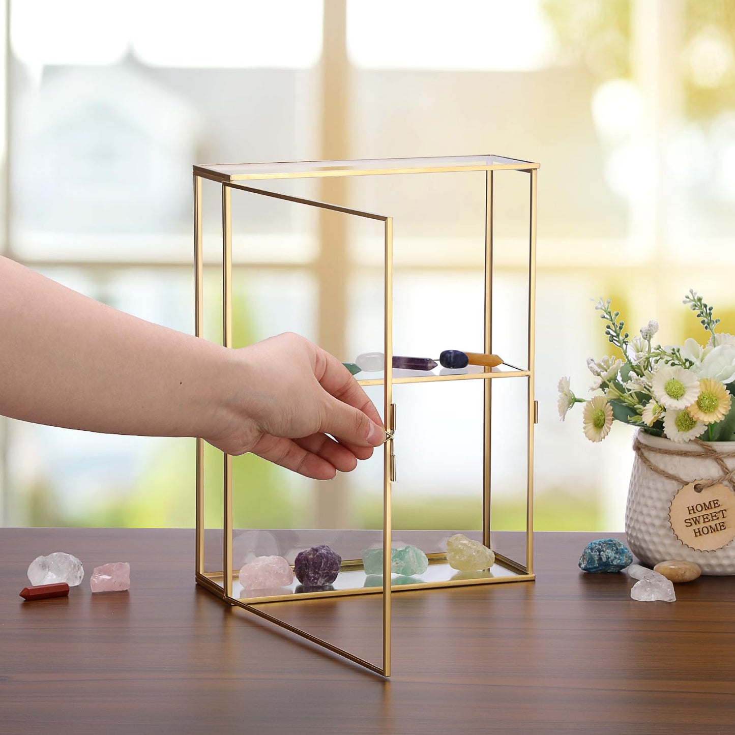 JUXYES 2 Tiers Tabletop Glass Small Figurine Display Case for Collectibles with Latch Door, Modern Clear Hobby Display Case Box with Mirror Bottom, Gold Dust Proof Case for Figurines Trinket Crystal